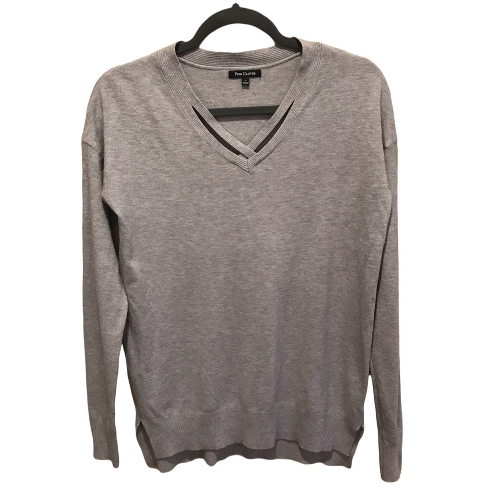 Pink Clover Gray Knit Sweater Strappy V Neck Long Sleeve Soft Ribbed Size Sm